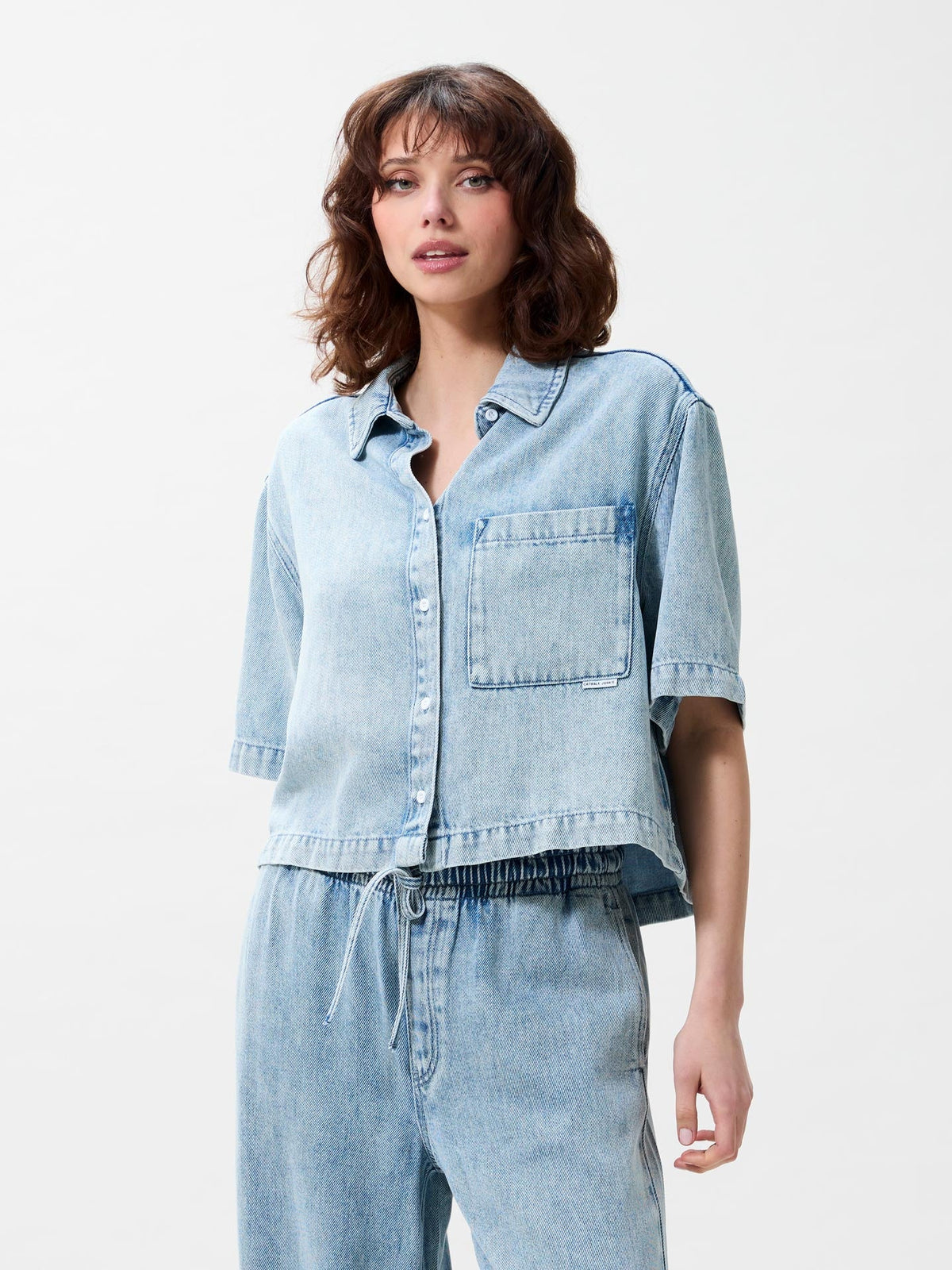 Catwalk Junkie Short Sleeve Denim Blouse Light Blue