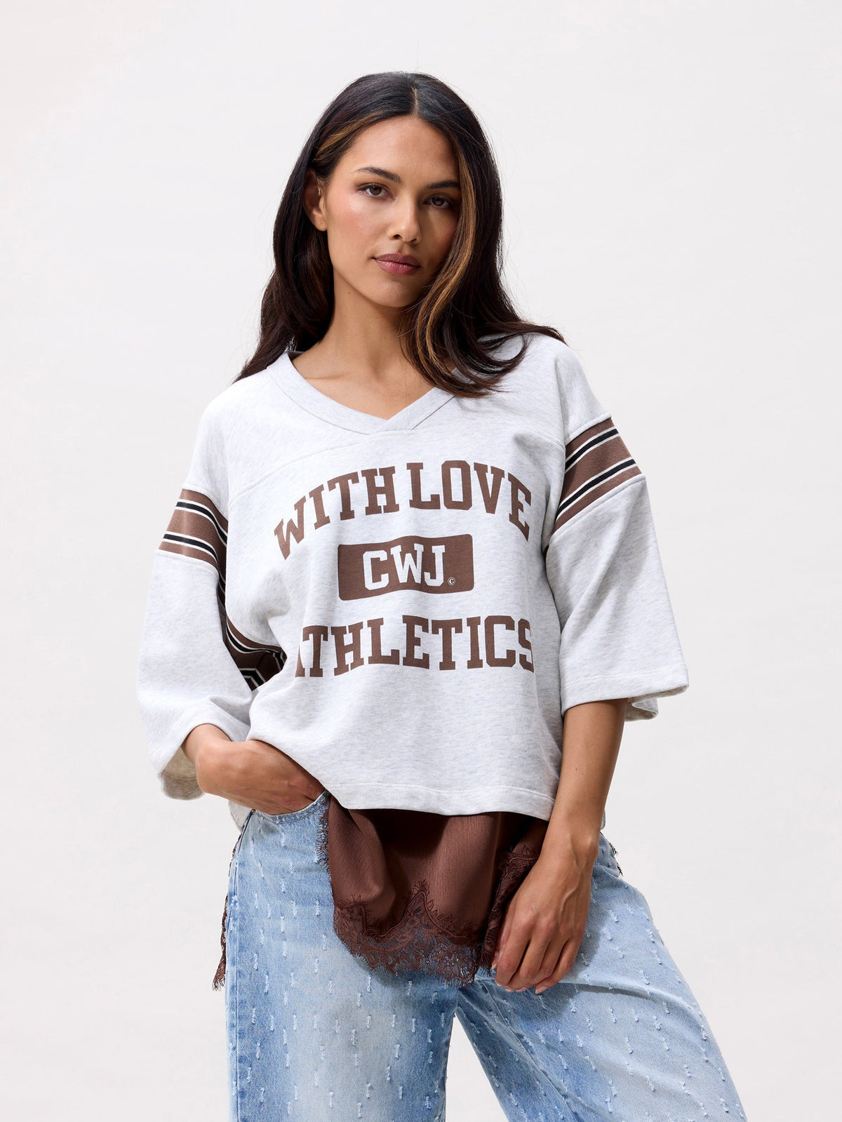 Sporty Graphic Short Sleeve Sweater Light Grey Melange